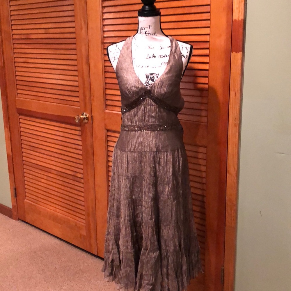Cache size 4 taupe bronze embellished dress